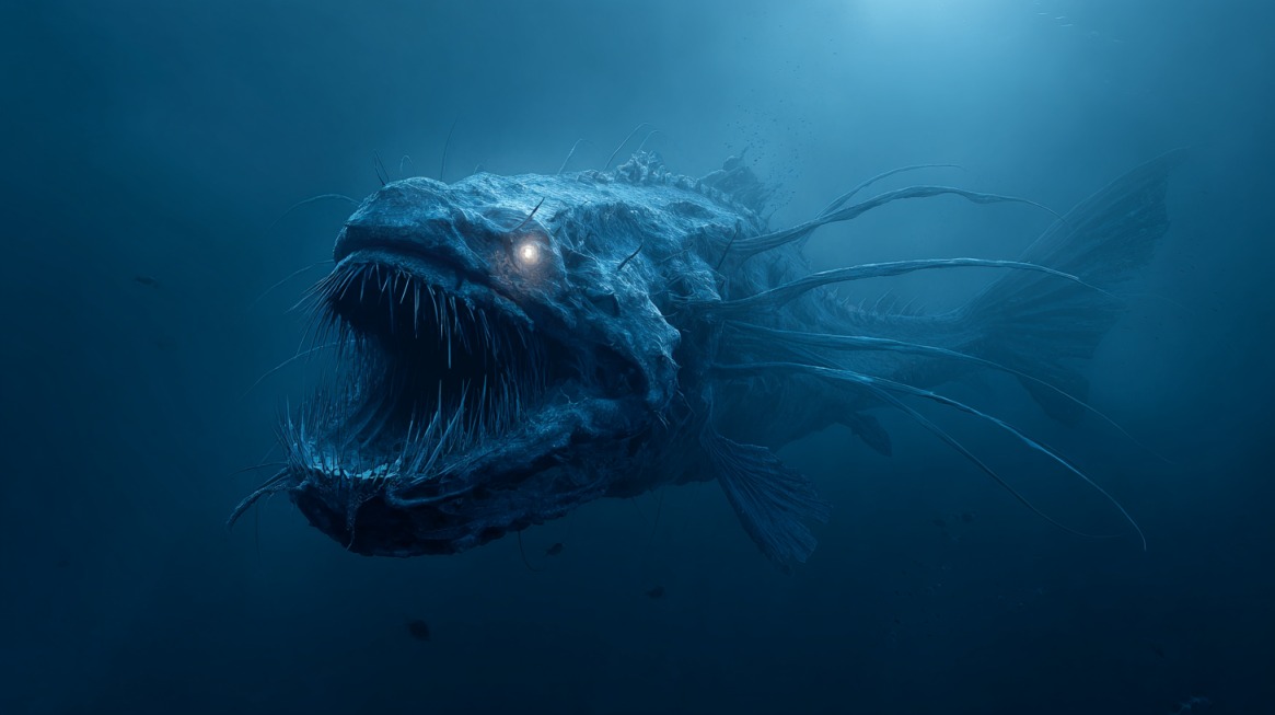 A large, monstrous deep-sea fish with glowing eyes, long teeth, and extended fins swimming through dark blue ocean depths, surrounded by faint particles in the water