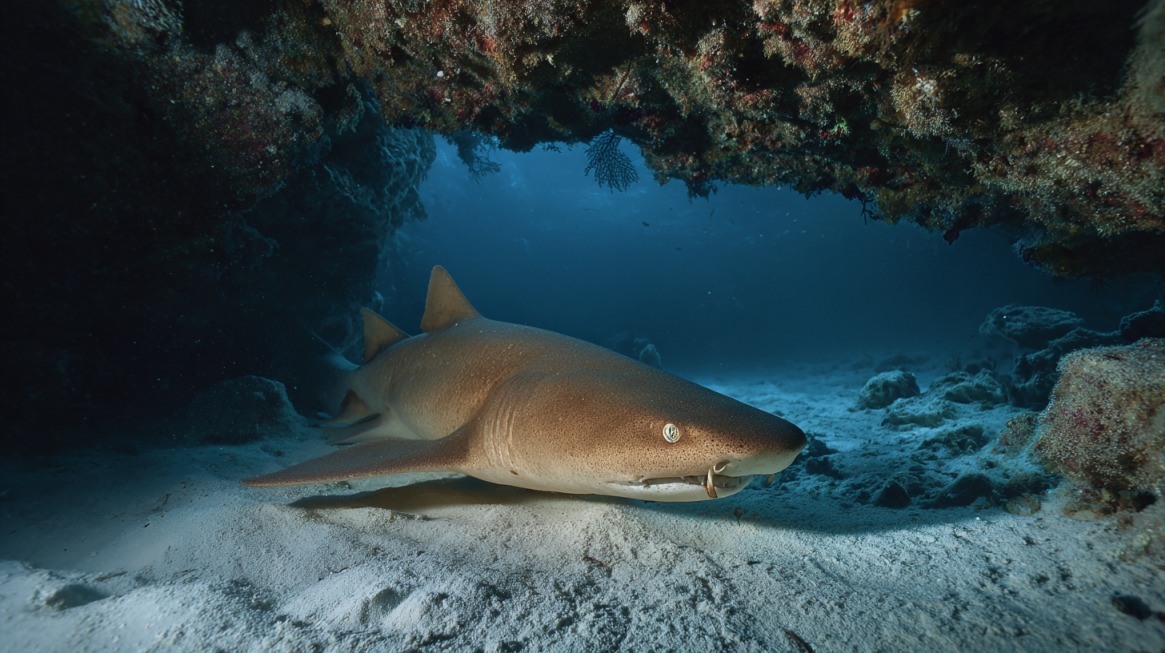 A nurse shark lying on the sandy seafloor beneath a coral overhang in clear blue water