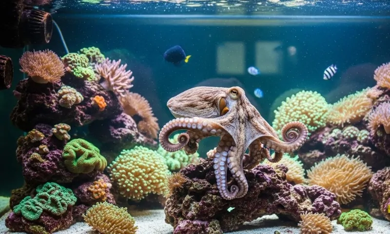 An octopus surrounded by various sea creatures swimming in a vibrant aquarium setting