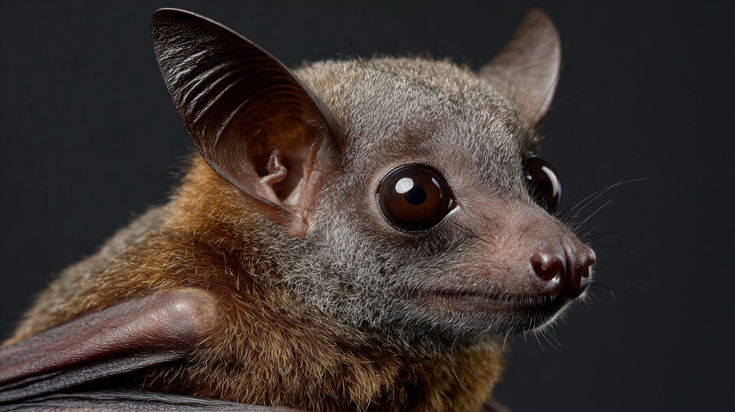 Close-up of a small brown bat with large dark eyes, rounded ears, and fine grayish fur, photographed against a dark background