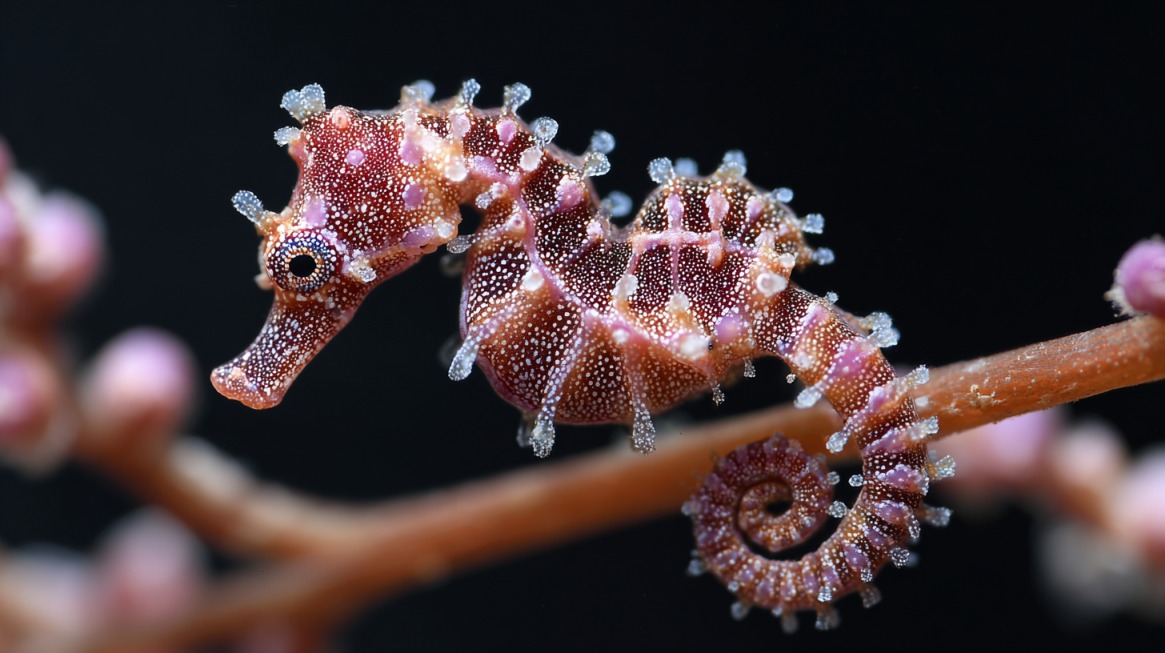 A small pink pygmy seahorse clinging to coral, covered in bumpy textures and matching colors for camouflage