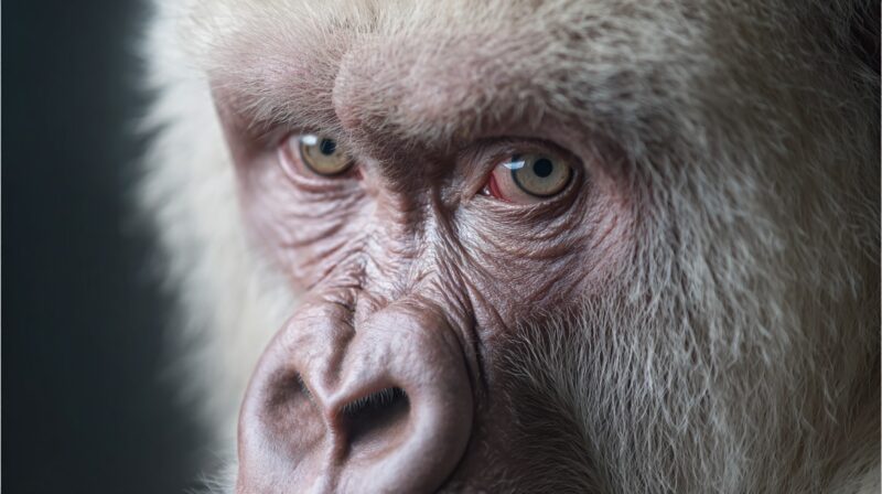 Close-up of an albino gorilla’s face showing pale skin, white fur, and striking light-colored eyes