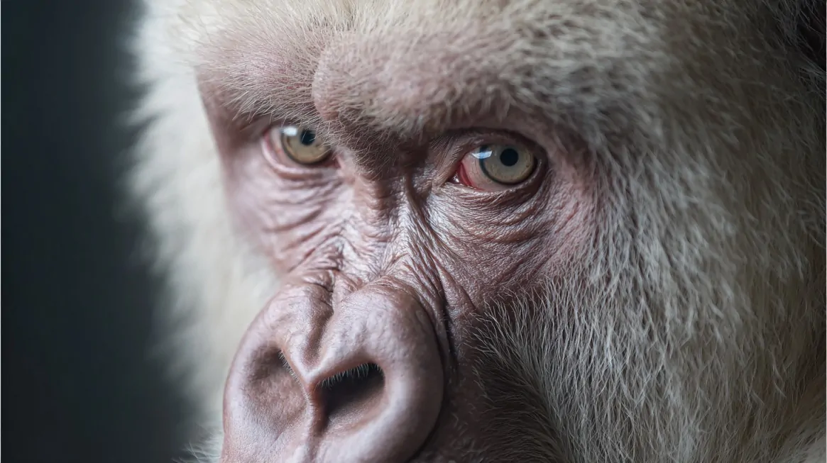 Close-up of an albino gorilla’s face showing pale skin, white fur, and striking light-colored eyes