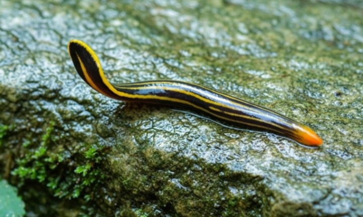 A black and yellow Planaria worm resting on a rock