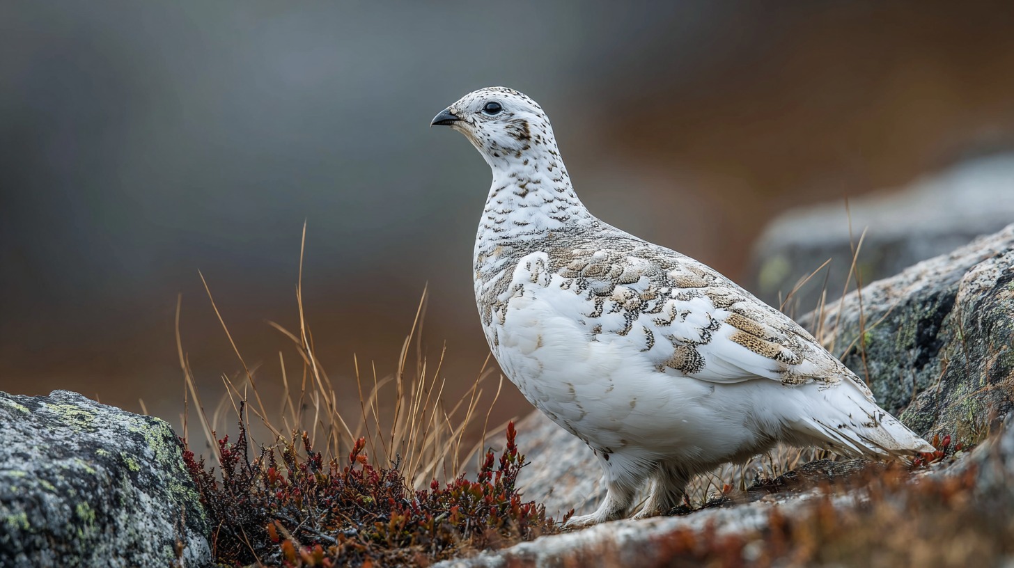 A rock ptarmigan with mottled white and brown plumage standing on rocky tundra ground