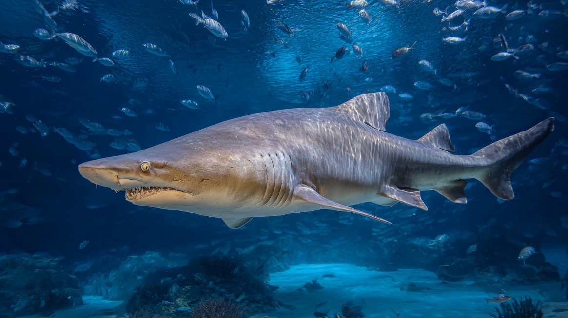 A sand tiger shark swimming slowly through blue ocean water, surrounded by small schooling fish