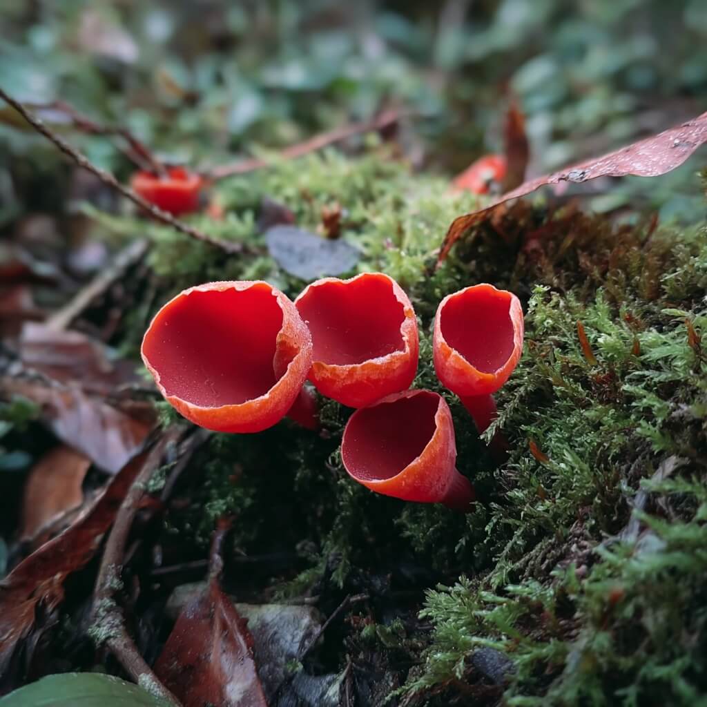 Bright red cups emerging through winter leaves, marking the forest’s quiet renewal