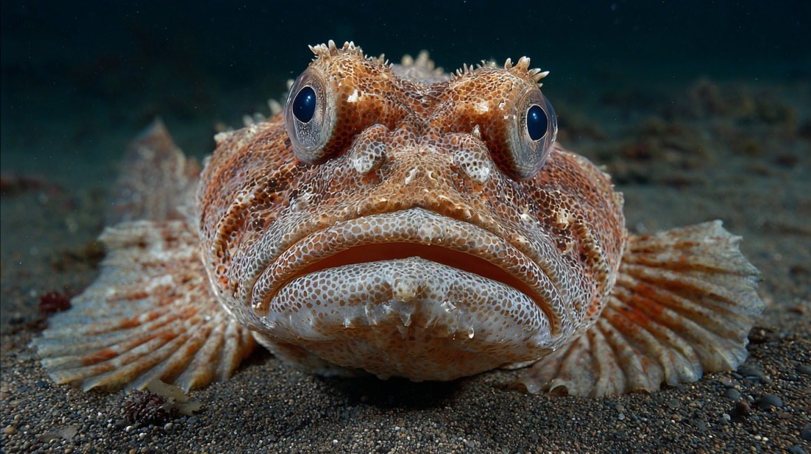 A close-up of a sea toad fish resting on the seafloor, with a wide, frowning mouth, textured orange-and-white skin, and large round eyes