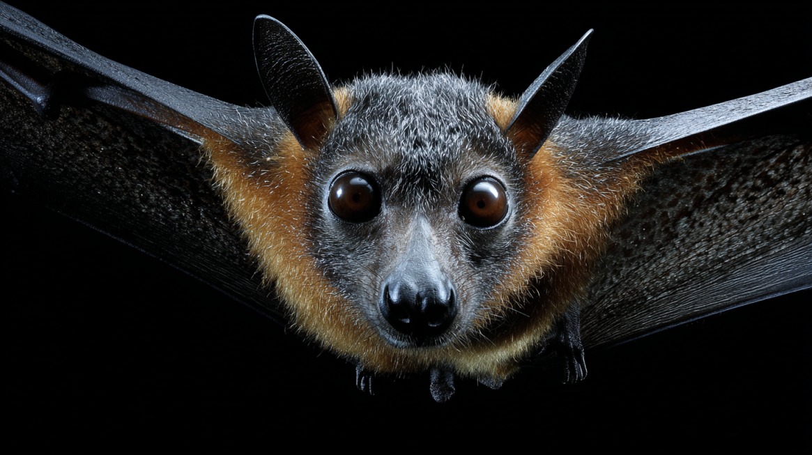 A large flying fox with glossy black fur, orange-gold collar, and wide wings, facing forward against a dark background with bright, curious eyes