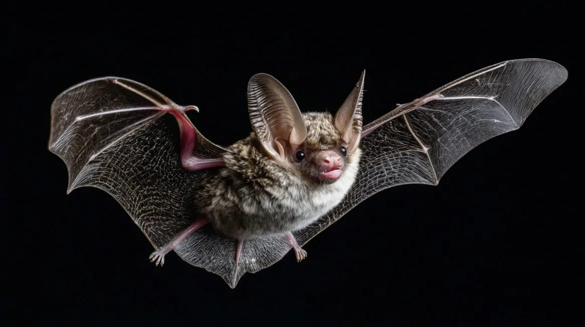 A spotted bat in mid-flight against a dark background, displaying large translucent wings, tall ears, and soft fur with a speckled pattern