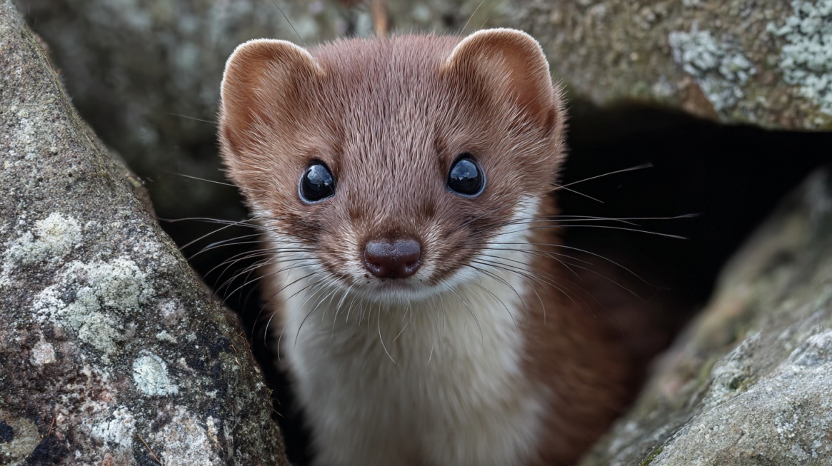 A stoat with brown fur and a white chest peeking out from between rocks