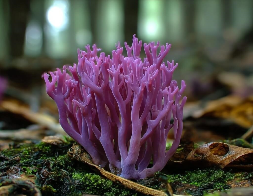Delicate violet coral fungus rising from moss, proof that decay can look radiant