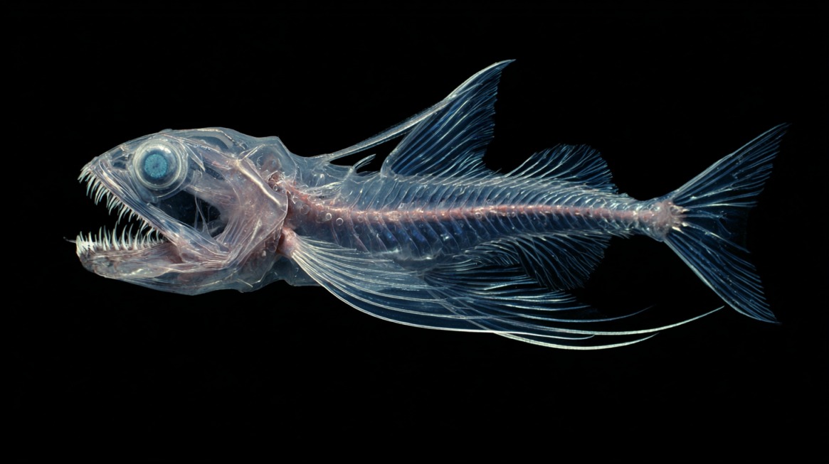 A translucent deep-sea viperfish showing its long, thin body, sharp fangs, and glowing lure, set against a black background