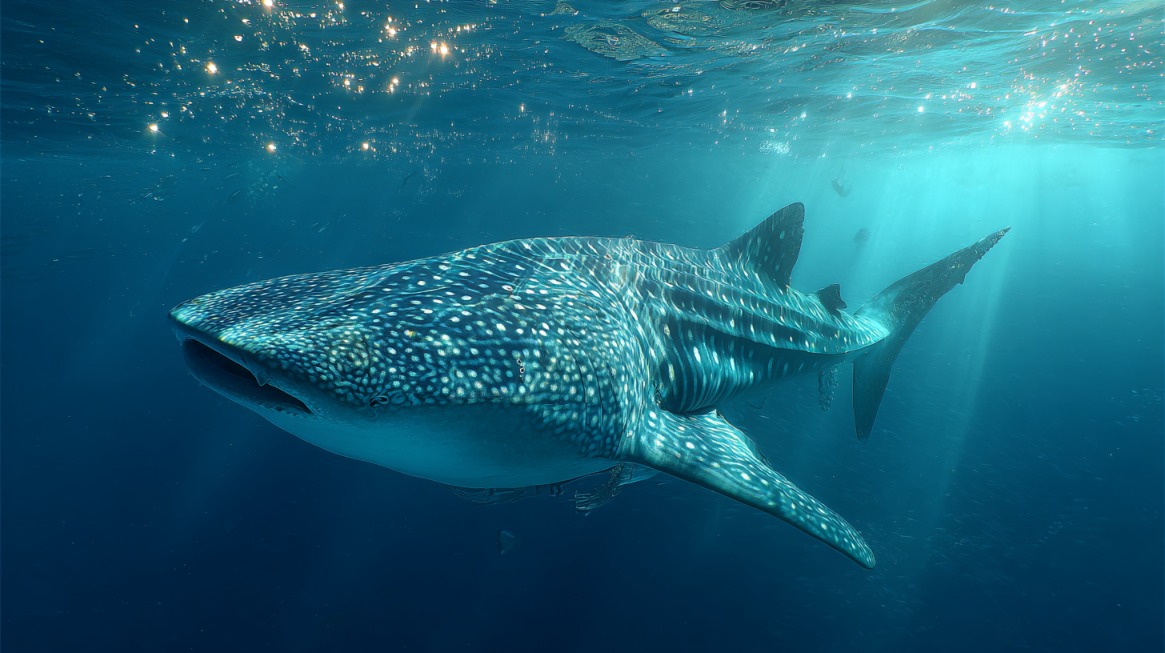 A large whale shark swimming near the ocean surface with sunlight filtering through the water