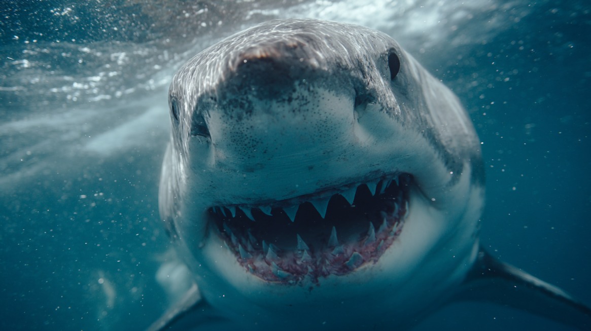 A close-up underwater photo of a shark with its mouth open, showing sharp teeth