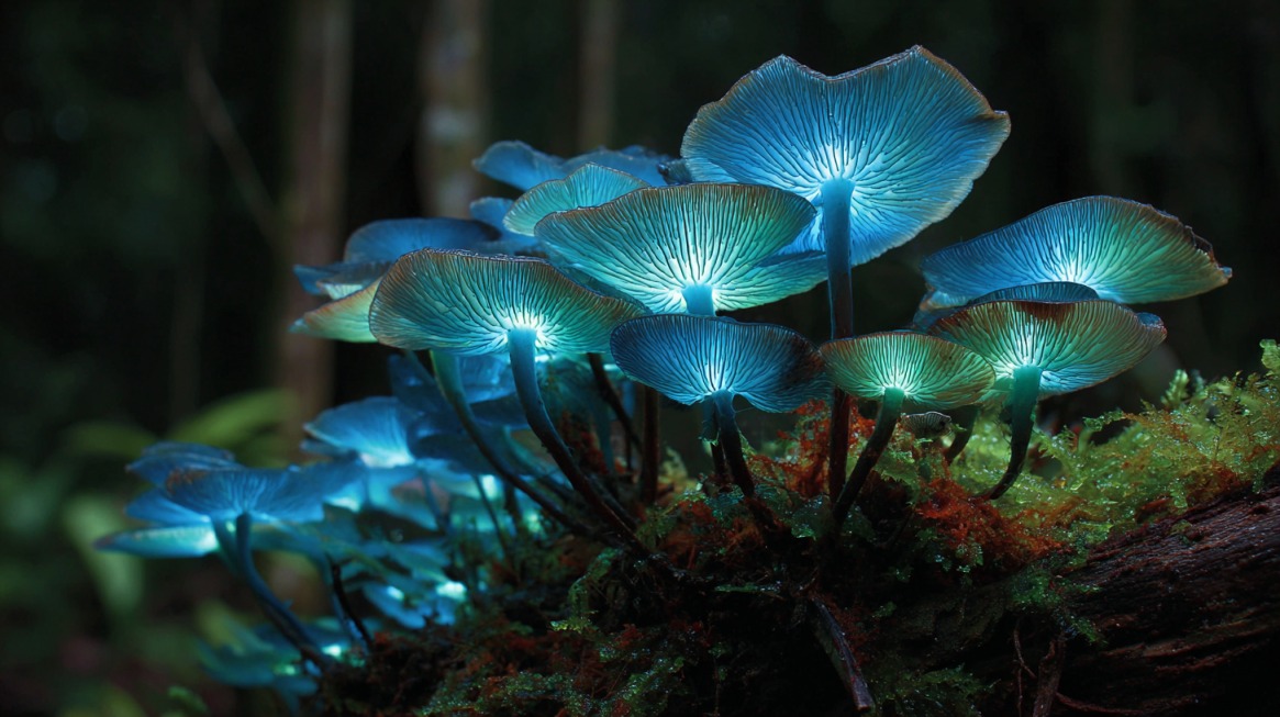 Cluster of glowing blue mushrooms illuminating a forest floor covered in moss and leaves