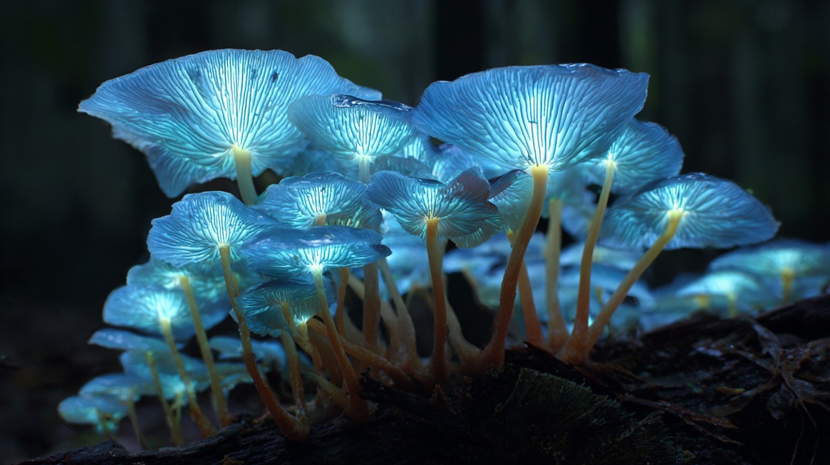 Group of glowing blue mushrooms lighting up a dark forest floor in Malaysian Borneo