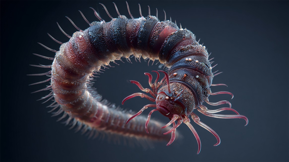 A close-up of a reddish, segmented zombie worm with frilly tentacles extending from its head, floating in dark ocean water