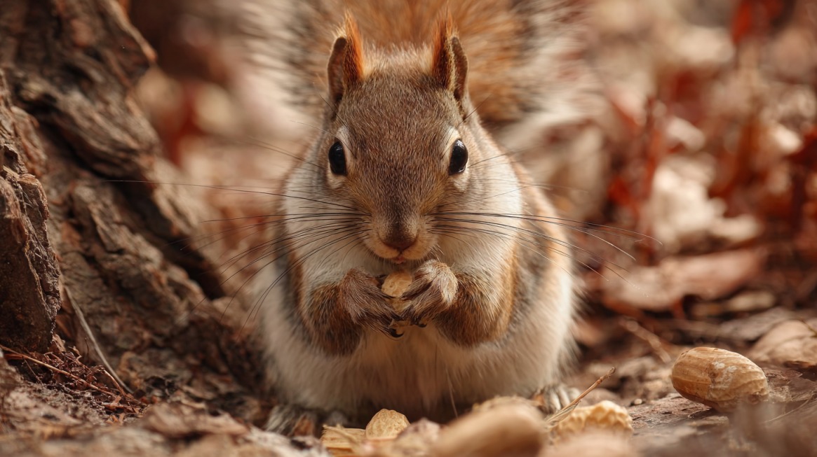 Front-facing close-up of a squirrel holding a nut on the forest floor