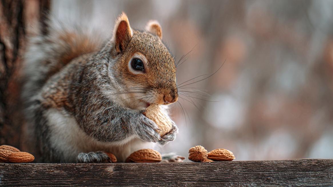 Close-up of a squirrel holding and eating a peanut while standing on a wooden surface.