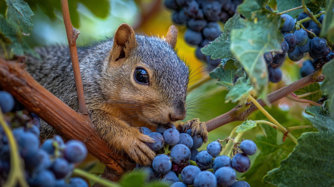 Close-up of a squirrel eating grapes while perched among grape clusters.