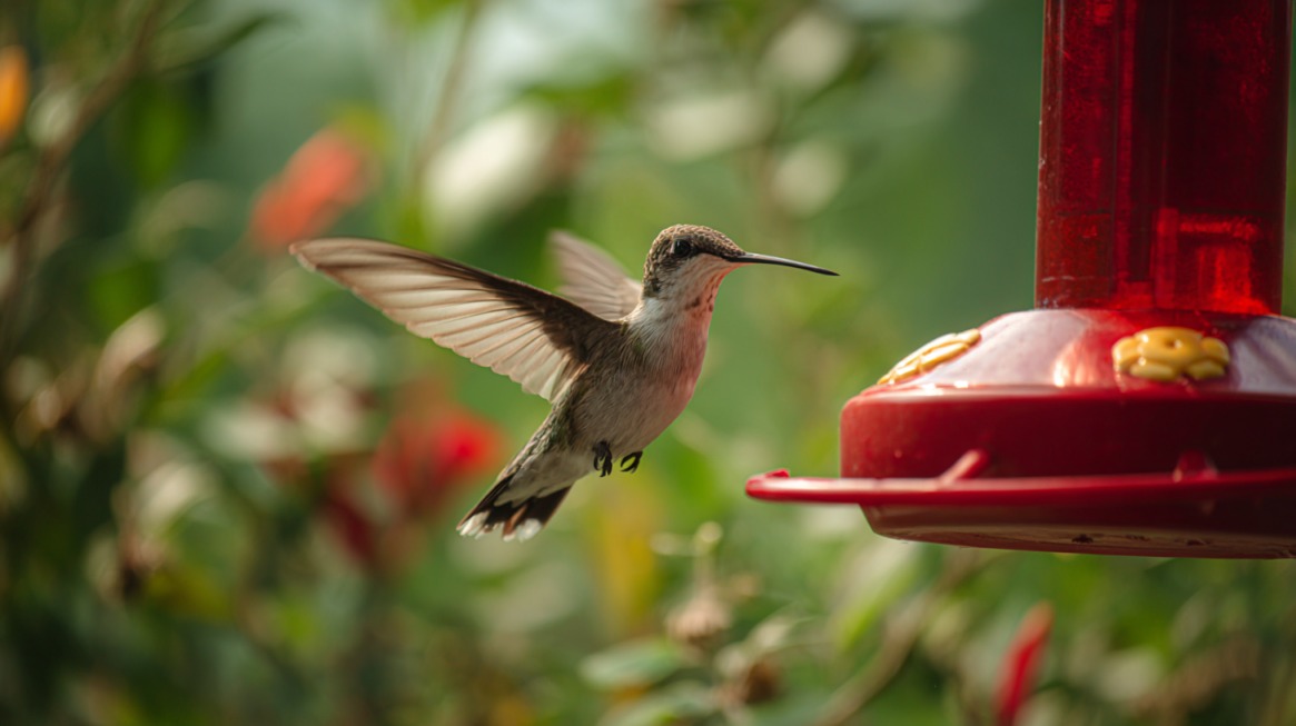 Hummingbird flying near a red feeder outdoors