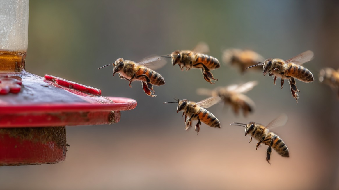 Several bees flying toward a red hummingbird feeder