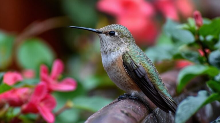 A small green and brown hummingbird perched on a branch with pink flowers in the background