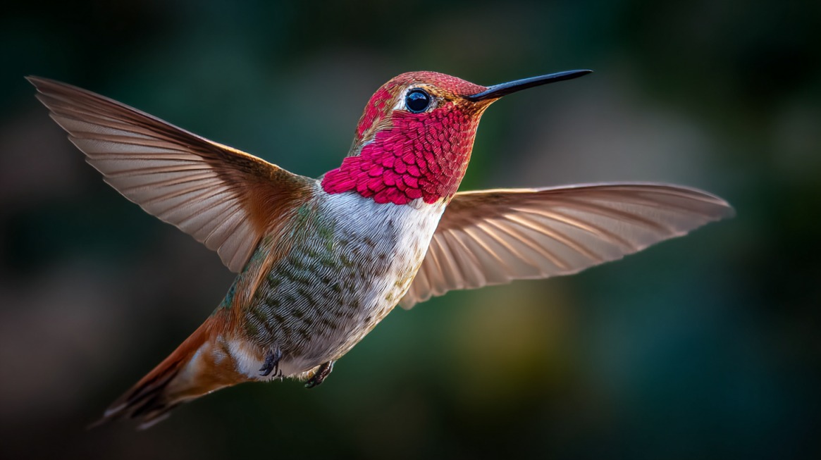 A hummingbird with a bright pink throat and outstretched wings hovering against a blurred background