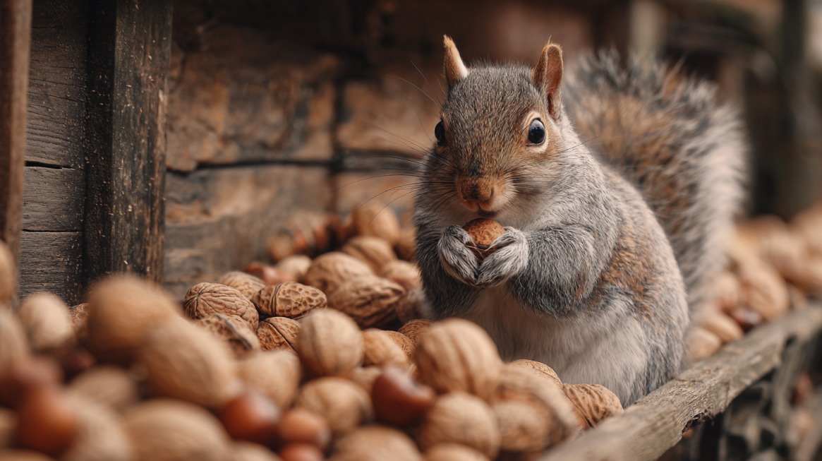 Squirrel holding a nut while surrounded by a pile of assorted nuts
