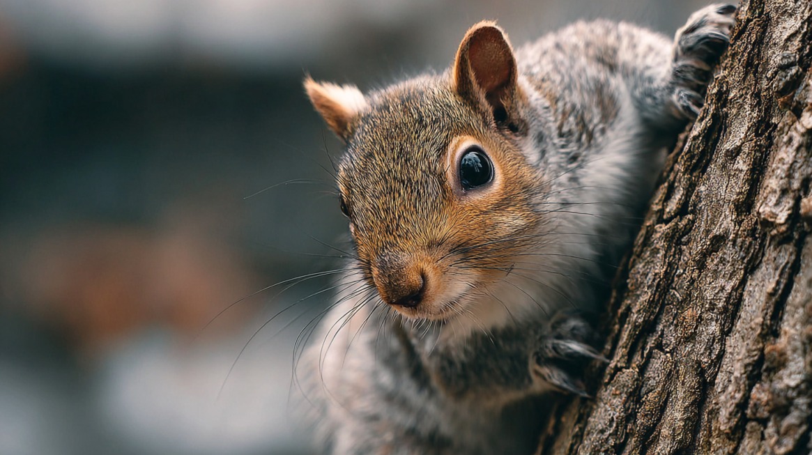 Close-up of a squirrel clinging to the side of a tree