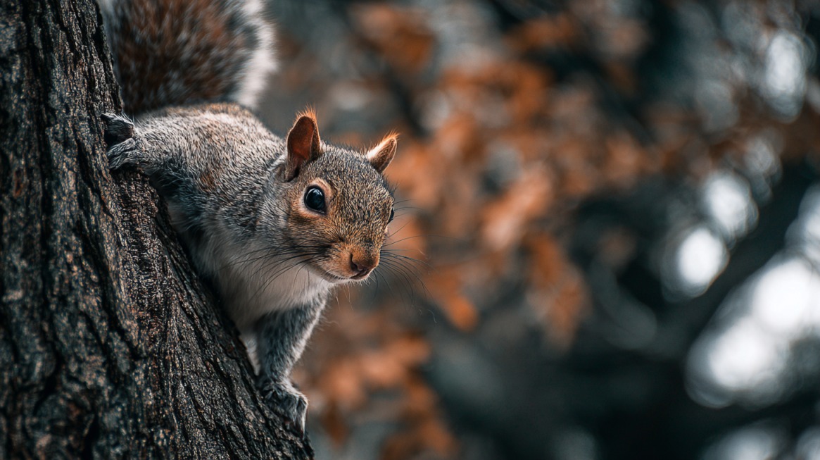 Squirrel clinging to a tree trunk with autumn leaves blurred in the background