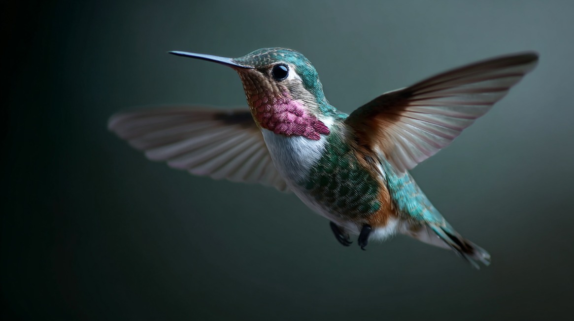 A colorful hummingbird with green and pink feathers hovering against a dark background